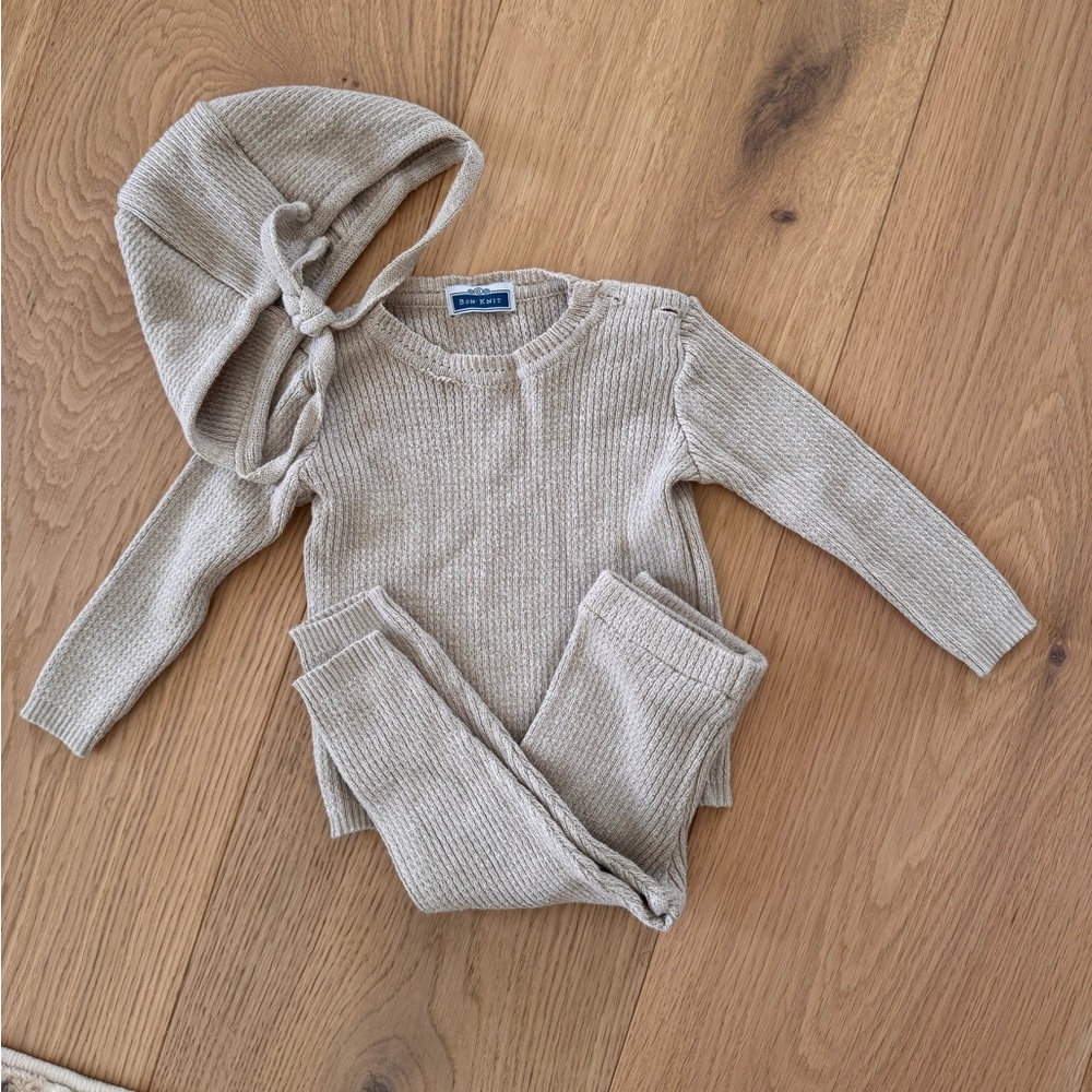 Bon Knit Cozy Beige Neutral Knit Baby Outfit with Hat